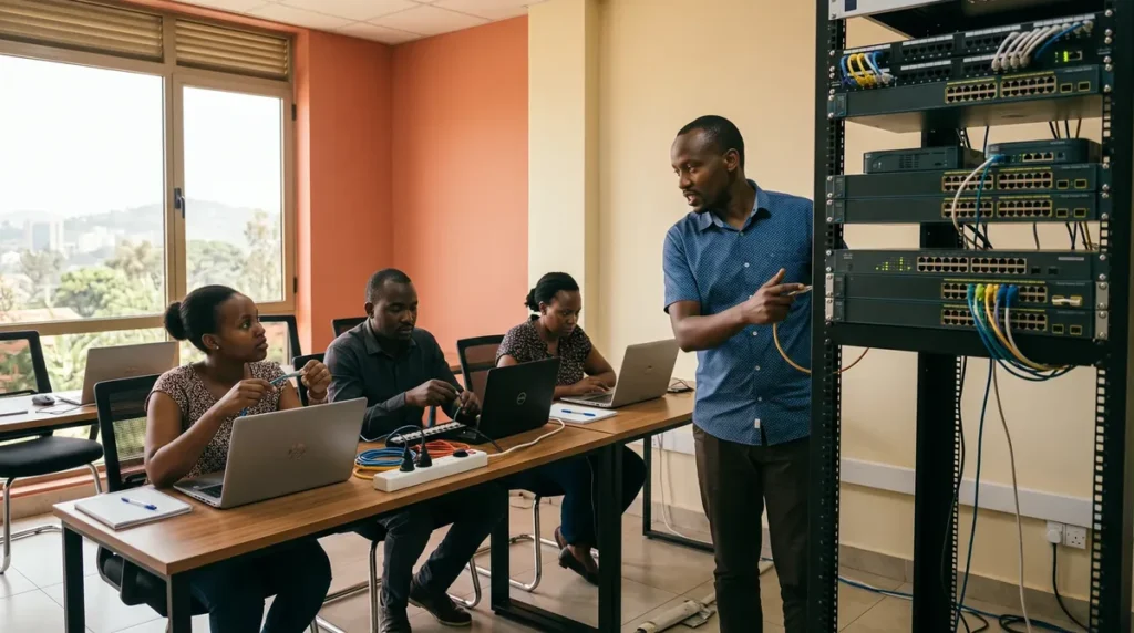 Deso IT Lab trainer with learners in the networking lab